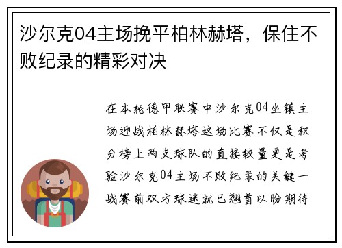 沙尔克04主场挽平柏林赫塔，保住不败纪录的精彩对决