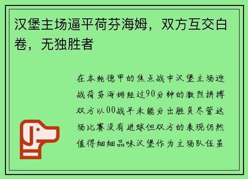汉堡主场逼平荷芬海姆，双方互交白卷，无独胜者