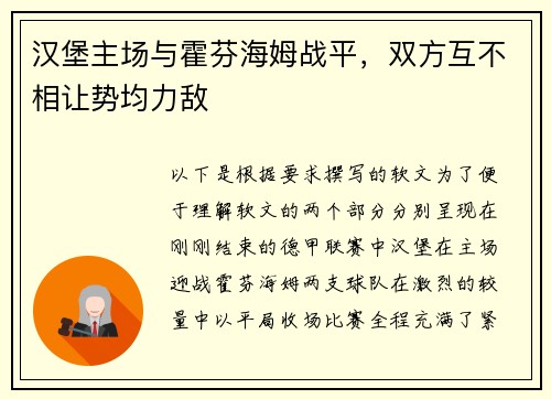 汉堡主场与霍芬海姆战平，双方互不相让势均力敌