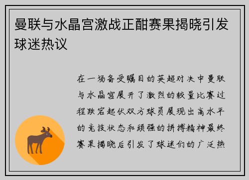曼联与水晶宫激战正酣赛果揭晓引发球迷热议