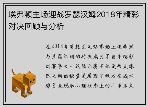 埃弗顿主场迎战罗瑟汉姆2018年精彩对决回顾与分析