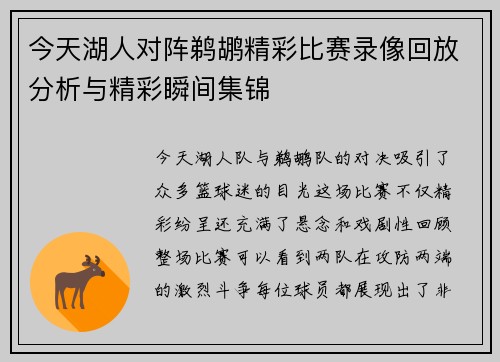 今天湖人对阵鹈鹕精彩比赛录像回放分析与精彩瞬间集锦