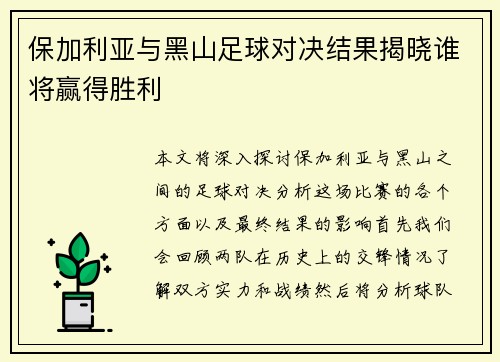 保加利亚与黑山足球对决结果揭晓谁将赢得胜利