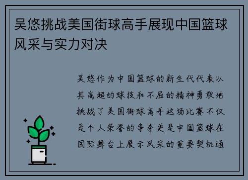 吴悠挑战美国街球高手展现中国篮球风采与实力对决