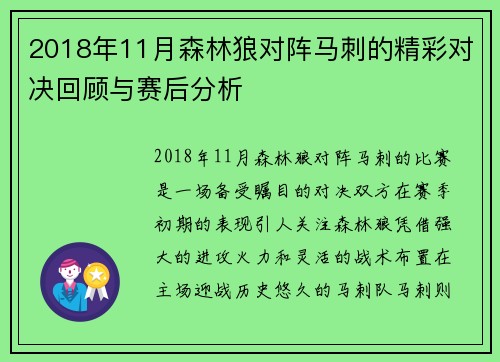 2018年11月森林狼对阵马刺的精彩对决回顾与赛后分析