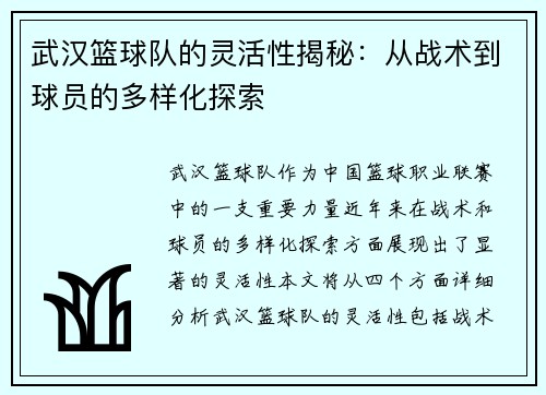 武汉篮球队的灵活性揭秘：从战术到球员的多样化探索