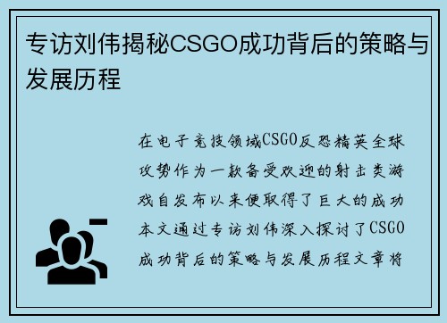 专访刘伟揭秘CSGO成功背后的策略与发展历程