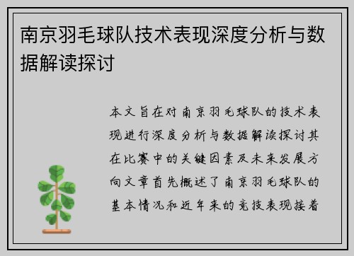 南京羽毛球队技术表现深度分析与数据解读探讨