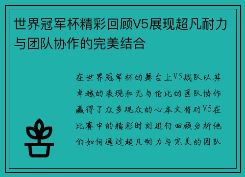 世界冠军杯精彩回顾V5展现超凡耐力与团队协作的完美结合