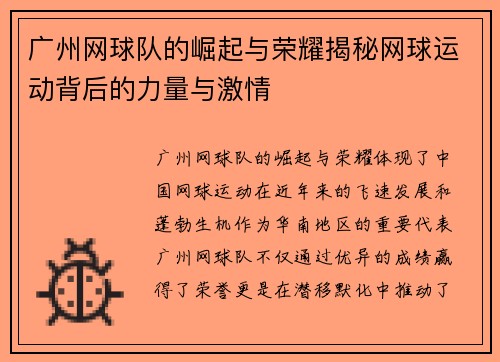 广州网球队的崛起与荣耀揭秘网球运动背后的力量与激情