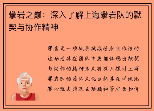攀岩之巅：深入了解上海攀岩队的默契与协作精神