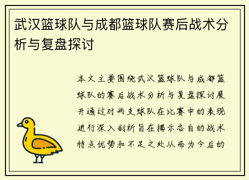 武汉篮球队与成都篮球队赛后战术分析与复盘探讨