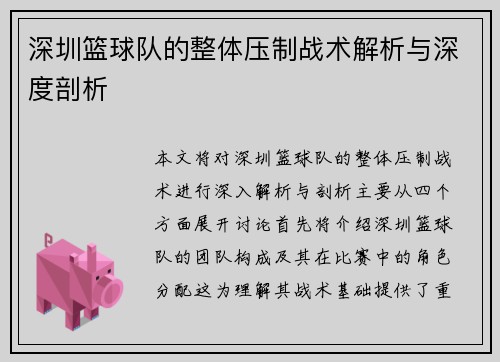 深圳篮球队的整体压制战术解析与深度剖析