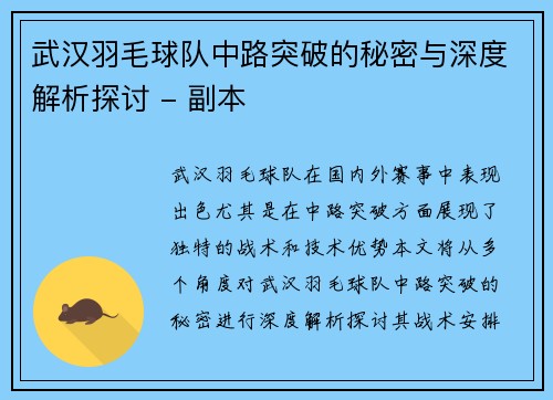 武汉羽毛球队中路突破的秘密与深度解析探讨 - 副本