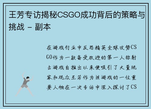 王芳专访揭秘CSGO成功背后的策略与挑战 - 副本
