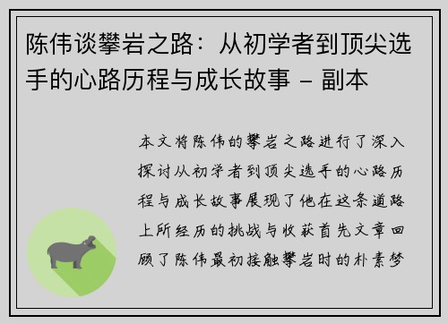 陈伟谈攀岩之路：从初学者到顶尖选手的心路历程与成长故事 - 副本