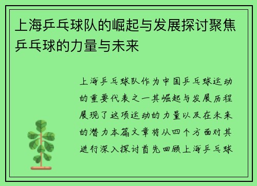 上海乒乓球队的崛起与发展探讨聚焦乒乓球的力量与未来