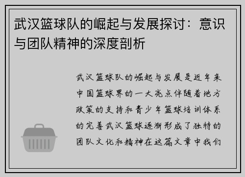 武汉篮球队的崛起与发展探讨：意识与团队精神的深度剖析